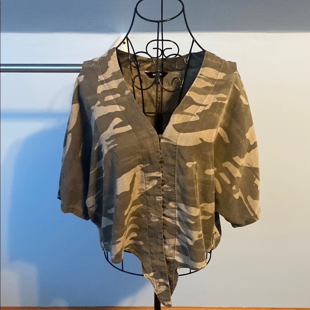 Express Gray and Green Asymmetrical Tie Front Blouse